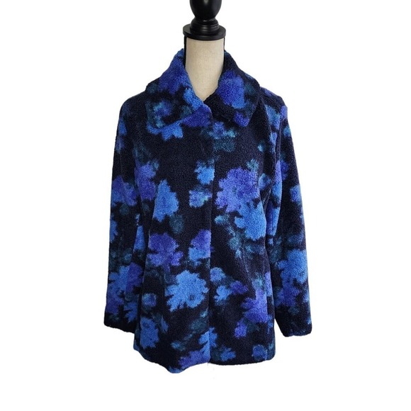Isaac Mizrahi Live! Floral Printed Faux Fur Shearling Coat Navy QVC Size M - Picture 2 of 16